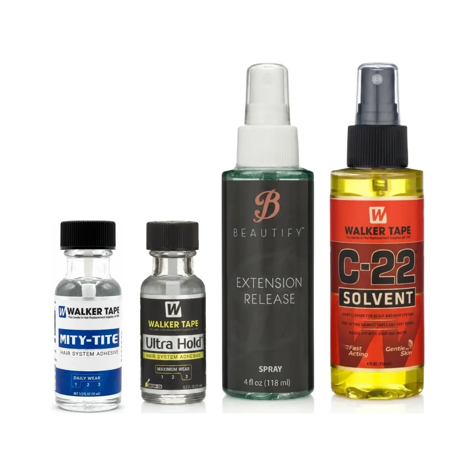 Kit Completo Estilista: Mity-Tite ½ fl oz, Ultra Hold ½ fl oz, Beautify Extension Release y C-22 Solvent